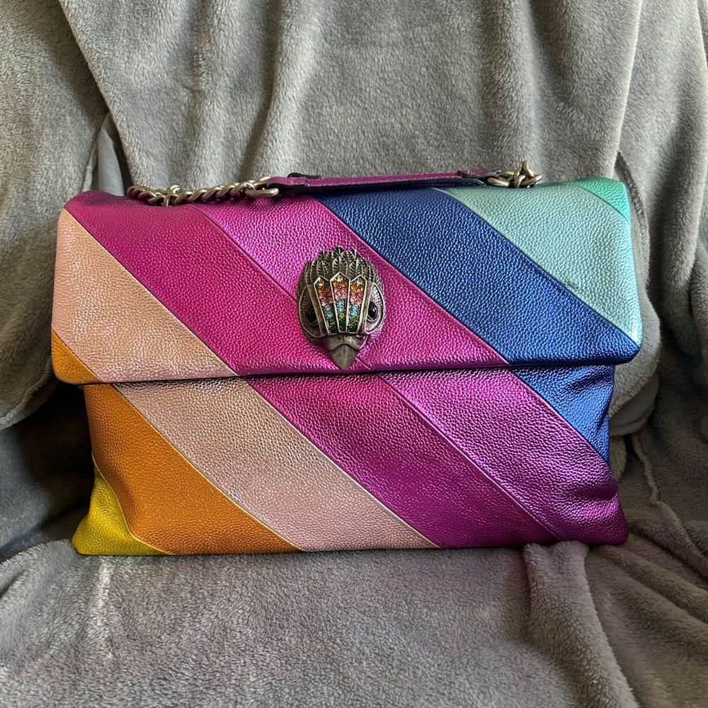 Pink and Orange Striped Shoulder Bag with Flap Closure